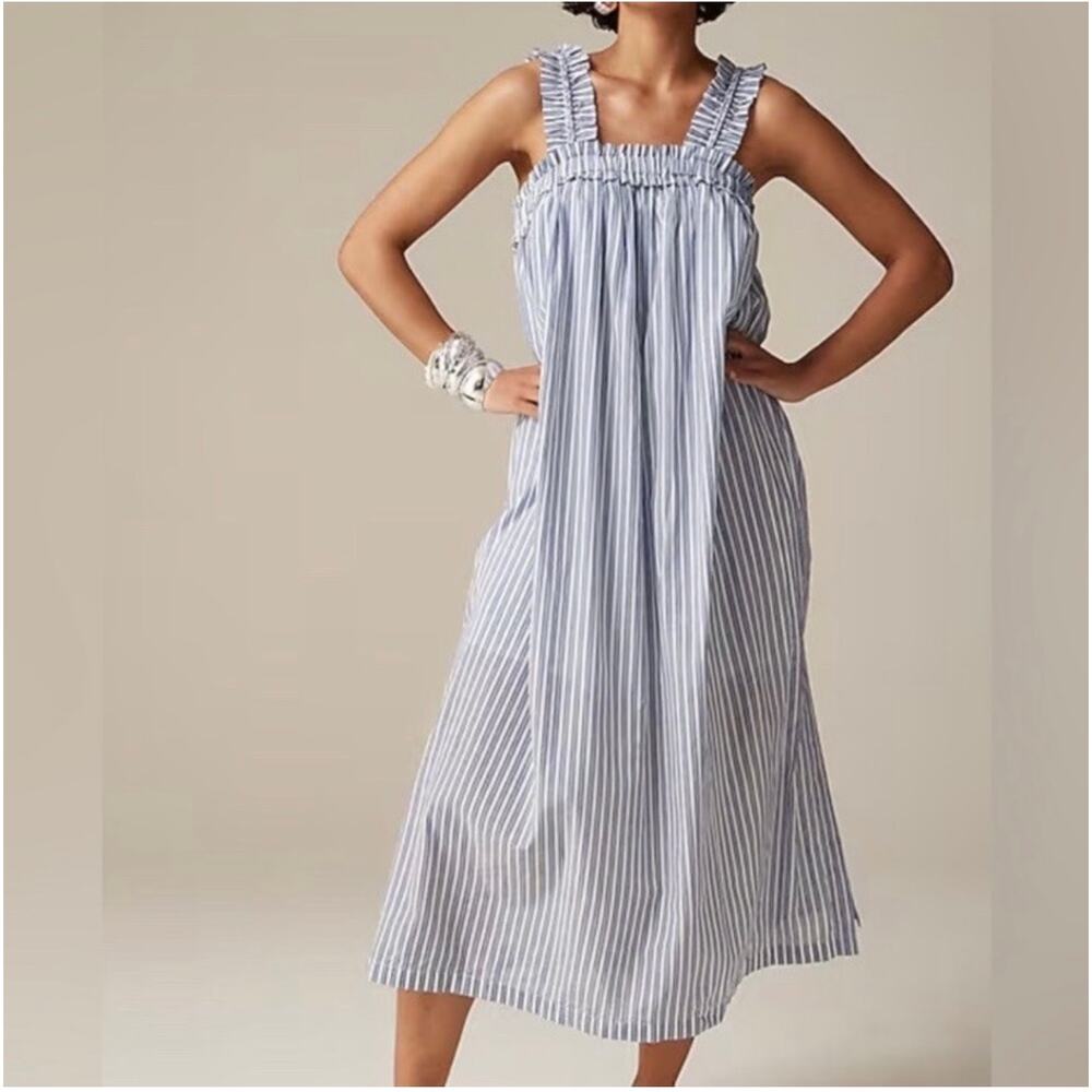 J.Crew Dress Womens Large Blue Cotton Voile Ruffle Trim Shift Stripe Coastal